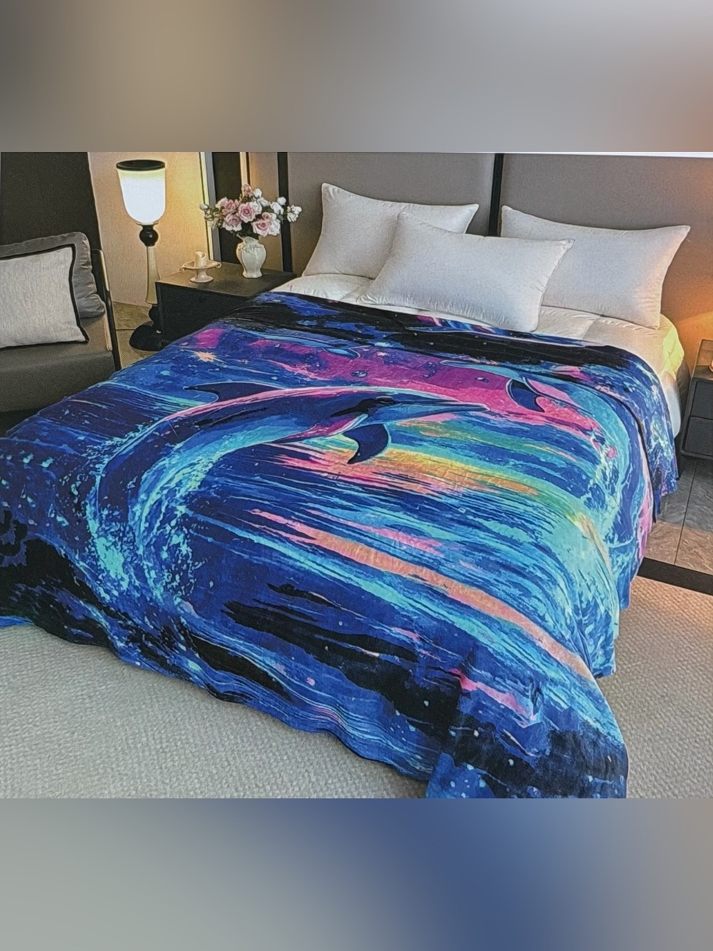 New king size Flannel Blanket soft colorful dolphin design dreamy ocean blue